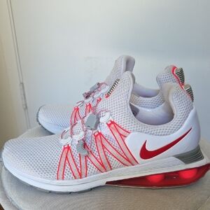 Nike Women's Shoxx, Gravity, White and Reddish-Orange Mesh Sneakers